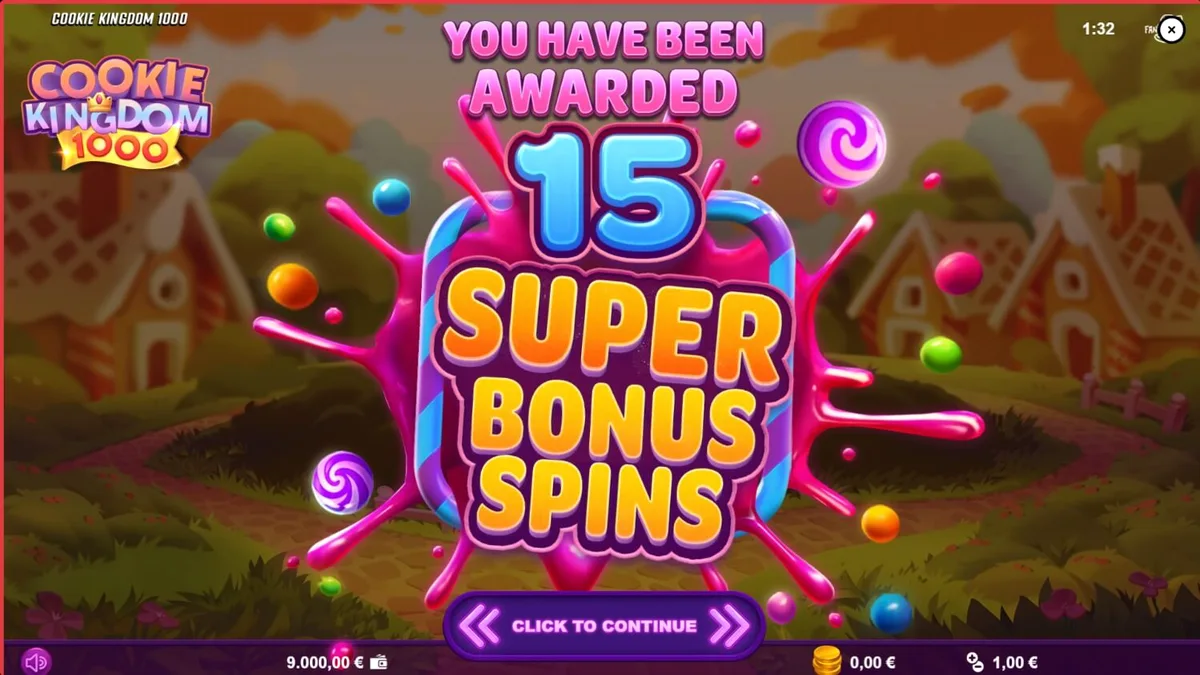 Tampilan visual permainan slot Cookie Kingdom 1000 dengan tema permen dan beruang koki