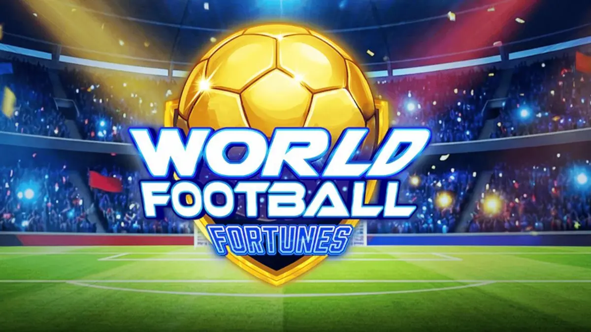 Tangkapan layar slot World Football Fortunes menunjukkan gulungan di stadion sepak bola yang ramai dengan simbol bertema olahraga.