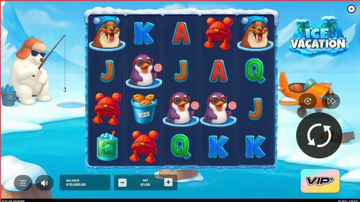 Tampilan layar slot Ice Vacation yang menampilkan karakter penguin dan walrus dengan latar belakang kutub tropis.